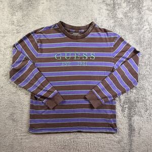 GUESS Mens M Purple Brown Striped Long Sleeve Crew Neck T-Shirt Retro Y2K